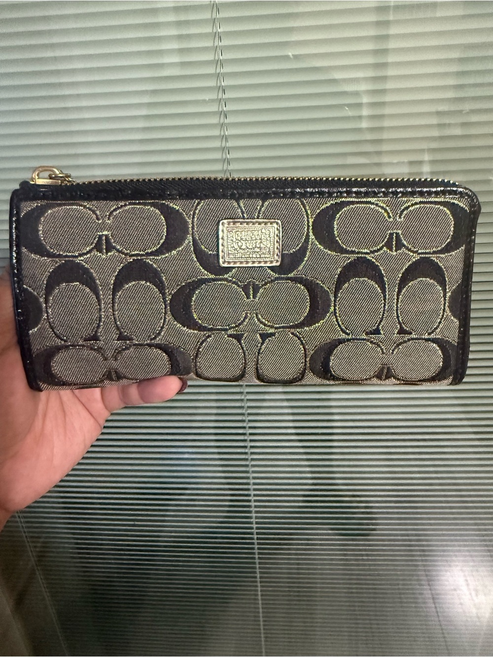 Coach Metallic Signature Zip Card Holder Wallet in Black and Gold